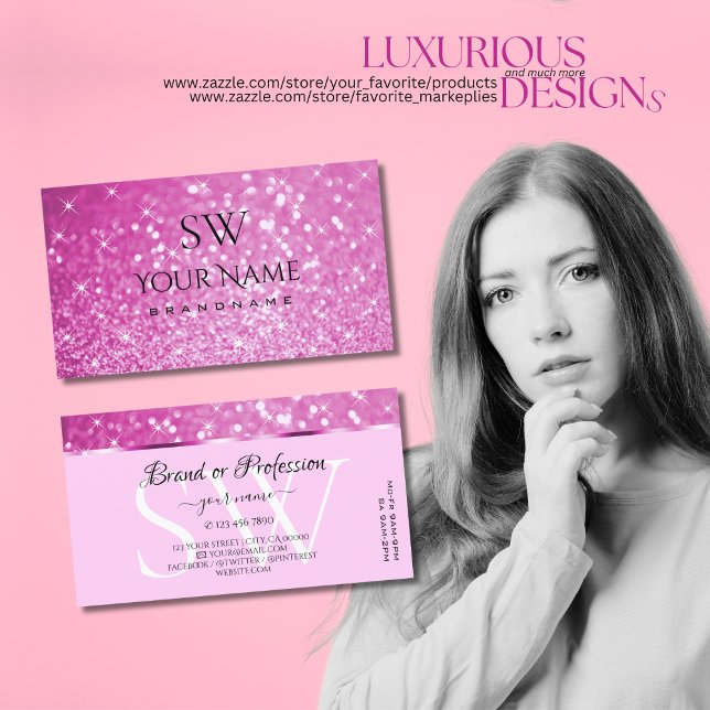Glamous Rosa Glitter Sparkling Stars Initialer Visitkort (Skapare uppladdad)