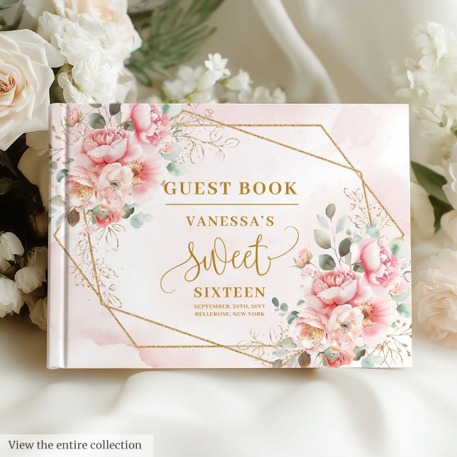 Glamous  Rosa Guld Blommigt Sweet sixteen Gästböcker (Glamorous Blush Pink Gold Floral Sweet Sixteen Guest Book)