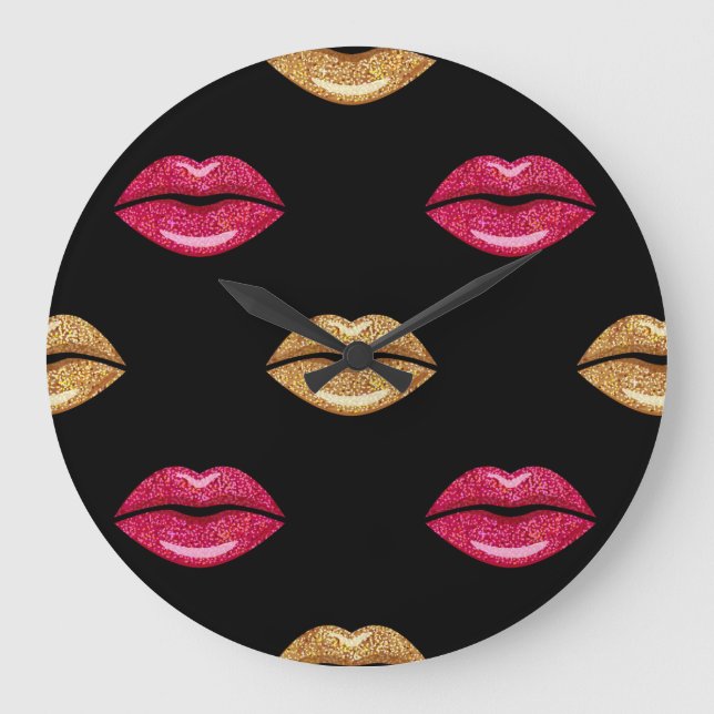 Glamous Rosa Guld: Shimming Lipstick Mönster Stor Klocka (Framsida)