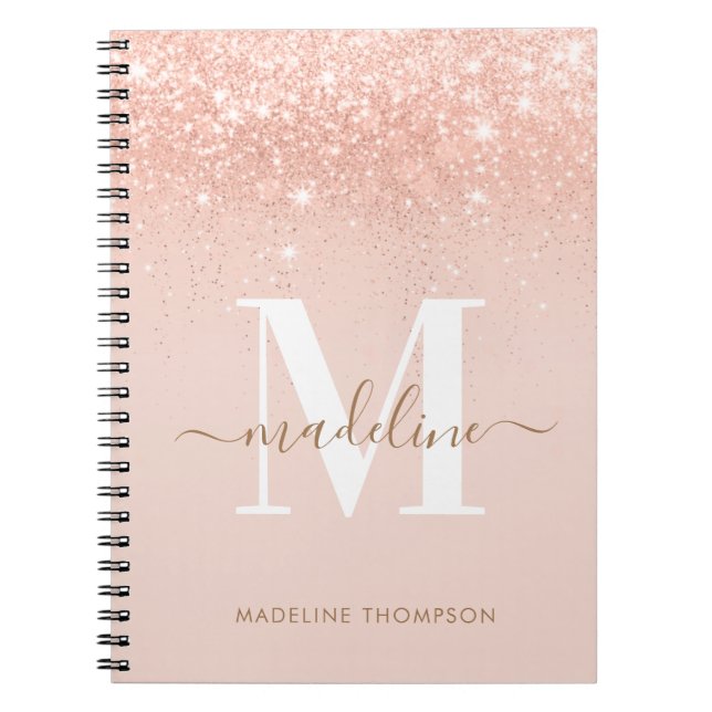 Glamous Rosegold Glitter Elegant  Script Monogram Anteckningsbok (Framsidan)