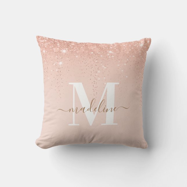 Glamous Rosegold Glitter Elegant  Script Monogram Kudde (Framsida)