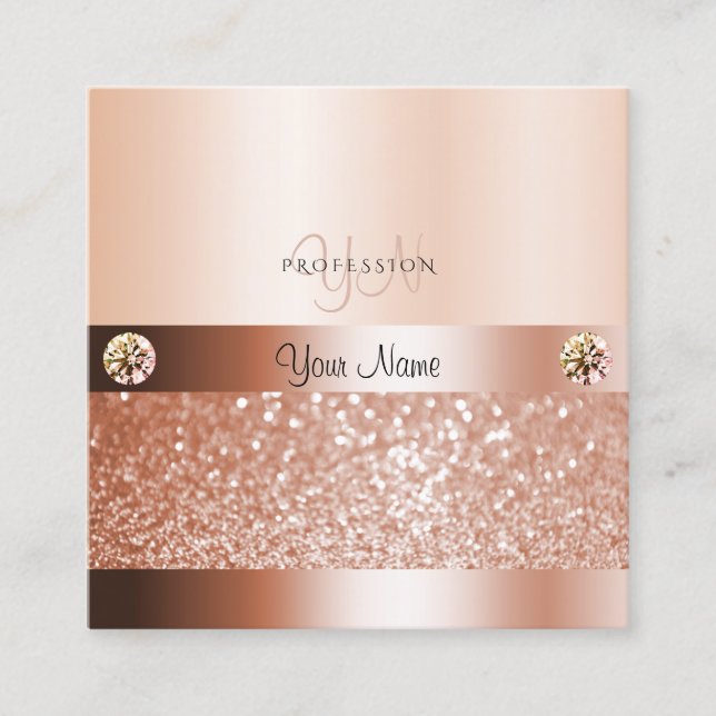 Glamous Rosegold Shimmery Glitter med Monogram Fyrkantigt Visitkort (Framsida)