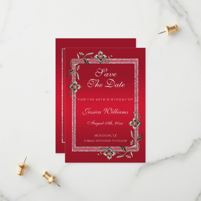 Glamous Ruby Red Gems & Glitter Birthday Spara Datumet (Fram/Back In Situ)