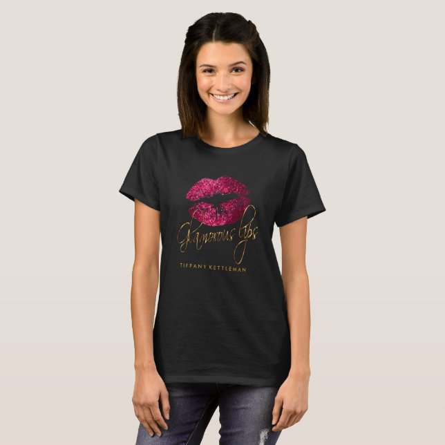 Glamous Shock rosa Glitter Läppar T-shirt (Hel framsida)