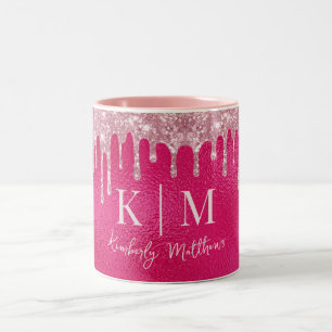 Glamous Shock rosa Glitter Monogram Initialer Två-Tonad Mugg