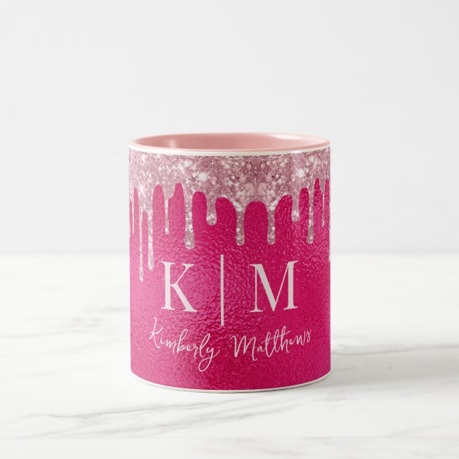 Glamous Shock rosa Glitter Monogram Initialer Två-Tonad Mugg (Center)
