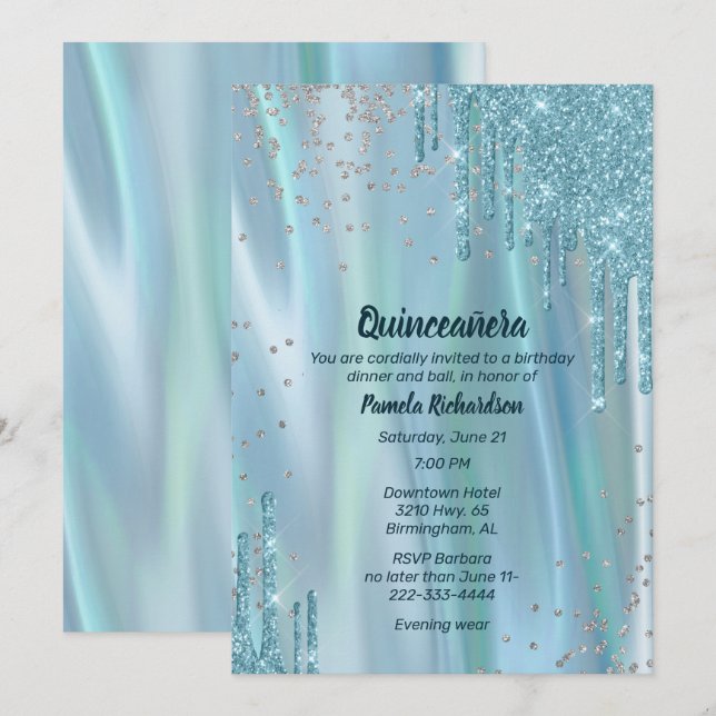 Glamous Silke och Glitter Se Quinceañera Invita Inbjudningar (Fram/baksida)
