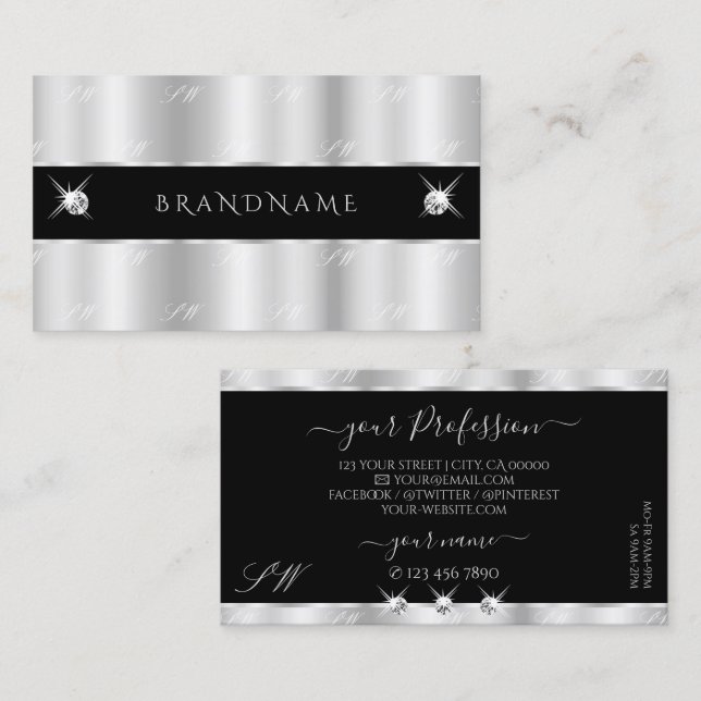 Glamous Silver Black Sparkling Diamonds Initialer Visitkort (Fram/baksida)
