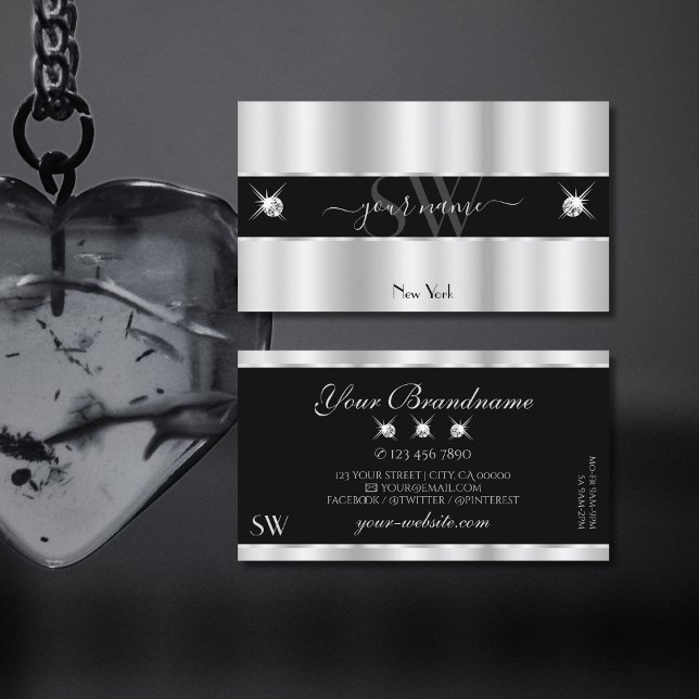 Glamous Silver Black Sparkling Diamonds Monogram Visitkort (Skapare uppladdad)