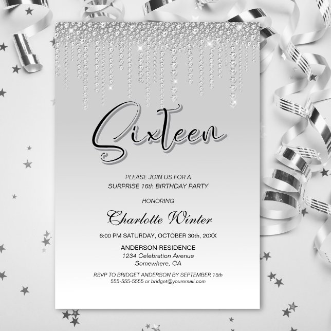 Glamous Silver Diamonds Surprise 16:e födelsedagen Inbjudningar (Skapare uppladdad)