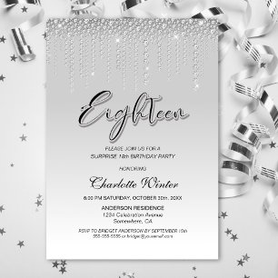Glamous Silver Diamonds Surprise 18:e födelsedagen Inbjudningar