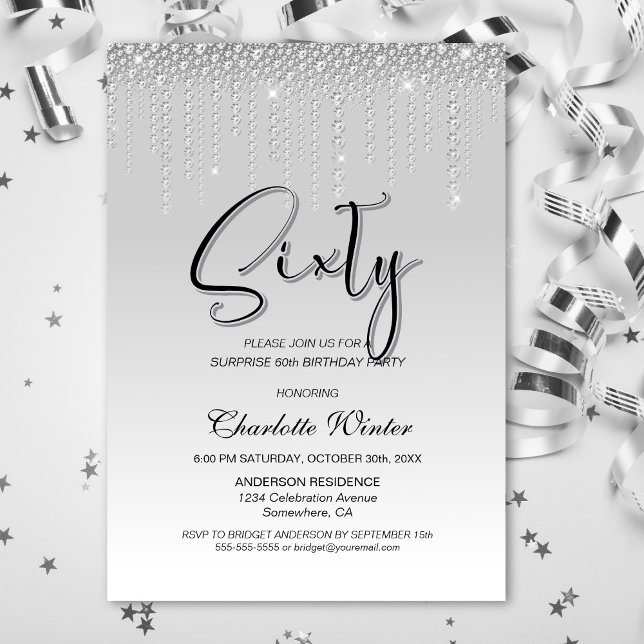 Glamous Silver Diamonds Surprise 60:e födelsedagen Inbjudningar (Skapare uppladdad)