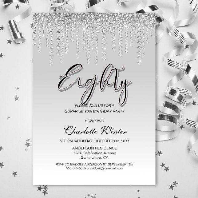 Glamous Silver Diamonds Surprise 80:e födelsedagen Inbjudningar (Skapare uppladdad)