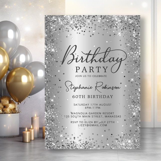 Glamous Silver Glitter Metall Foil 60:e födelsedag Inbjudningar (Skapare uppladdad)