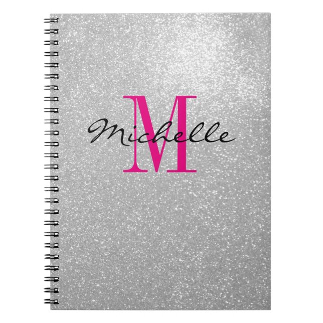 Glamous silver glitter monogram spiral bärbar dato anteckningsbok med spiral (Framsidan)