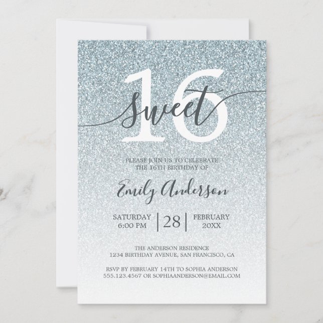 Glamous Silver Glitter Ombre Sweet 16 Birthday Inbjudningar (Framsida)