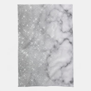 Glamous Silver Glitter White Marble Ombre Kökshandduk
