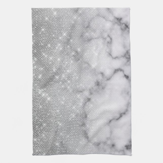Glamous Silver Glitter White Marble Ombre Kökshandduk (Vertikal)