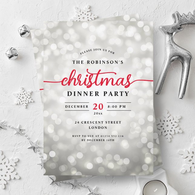 Glamous Silver Ljus julmiddag Party Inbjudningar (Glamorous Silver Lights Christmas Dinner Party Invitation)