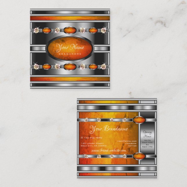 Glamous Silver med Orange Marble och Diamonds Fyrkantigt Visitkort (Fram/baksida)