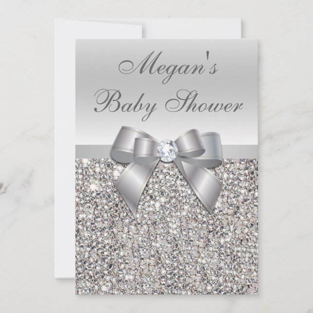 Glamous Silver Sequins Bow Baby Shower Inbjudningar (Framsida)
