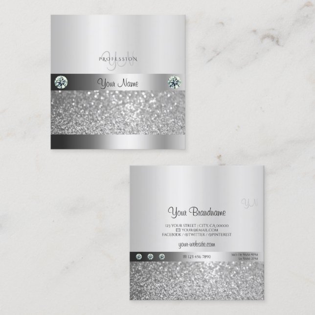 Glamous Silver Shimmery Glitter med Monogram Fyrkantigt Visitkort (Fram/baksida)