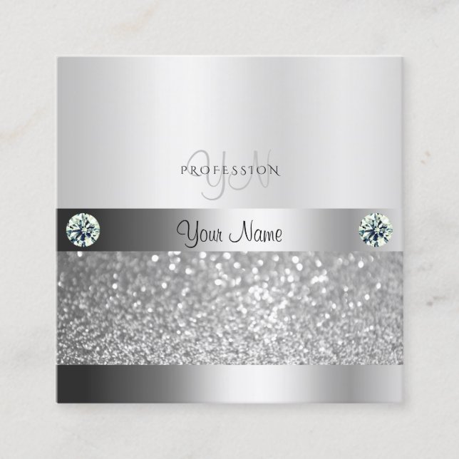 Glamous Silver Shimmery Glitter med Monogram Fyrkantigt Visitkort (Framsida)