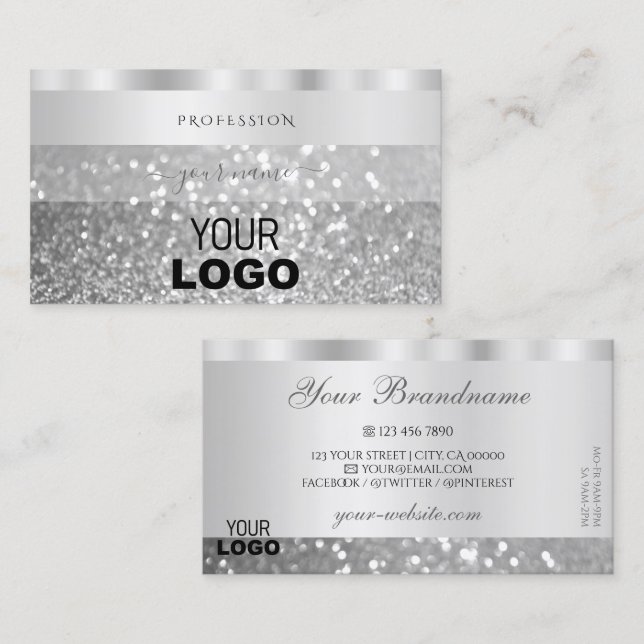 Glamous Silver Sparkling Glitter Add Logotyp Luxur Visitkort (Fram/baksida)