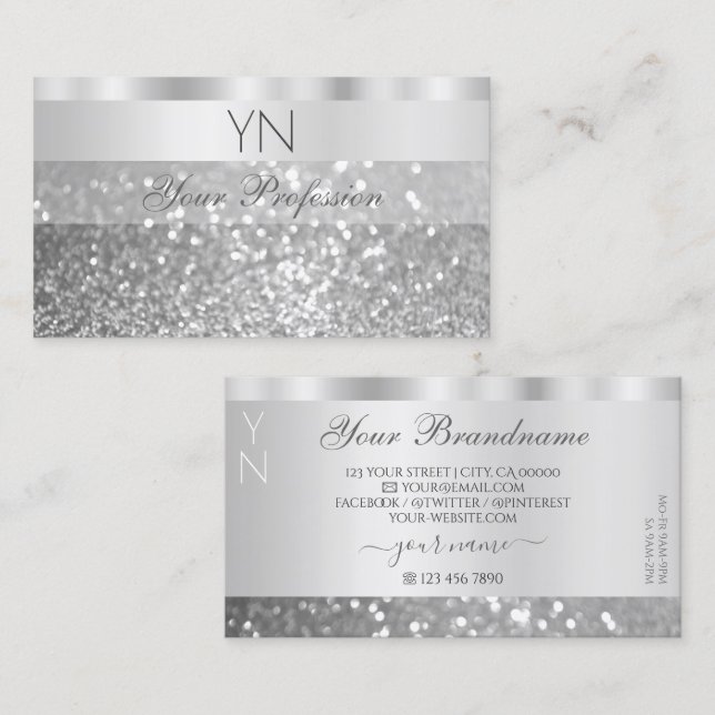 Glamous Silver Sparkling Glitter Monogram Luxury Visitkort (Fram/baksida)