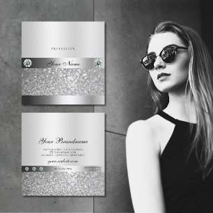 Glamous Silver Sparkling Glitter Shimmery Jewels Fyrkantigt Visitkort
