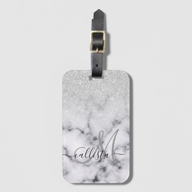 Glamous Silver White Glitter Marble Gradient Bagagebricka (Framsida vertikal)