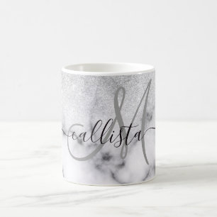 Glamous Silver White Glitter Marble Gradient Kaffemugg