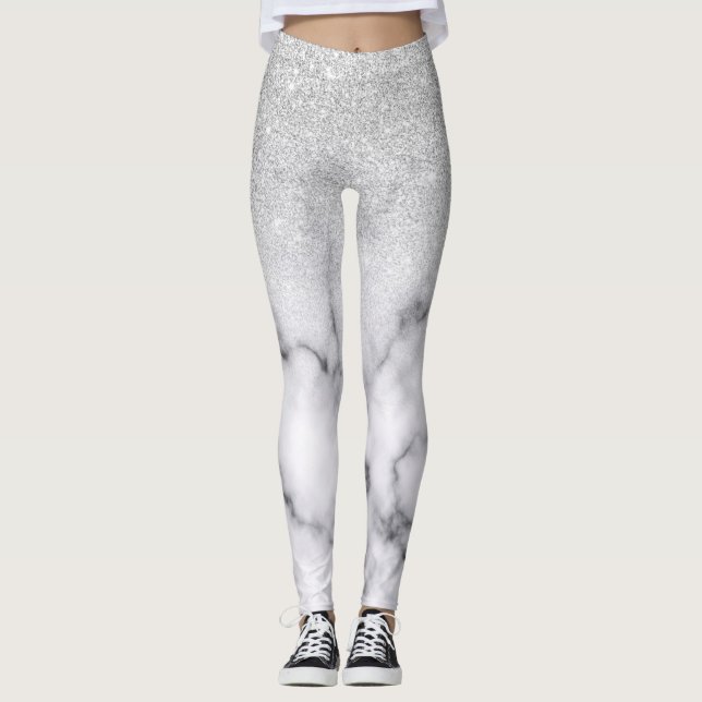 Glamous Silver White Glitter Marble Gradient Leggings (Framsida)