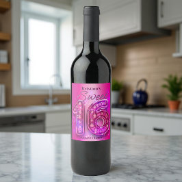 Glamous Sparkling Shock rosa Gemstone Sweet 16 Vinflaska Etikett