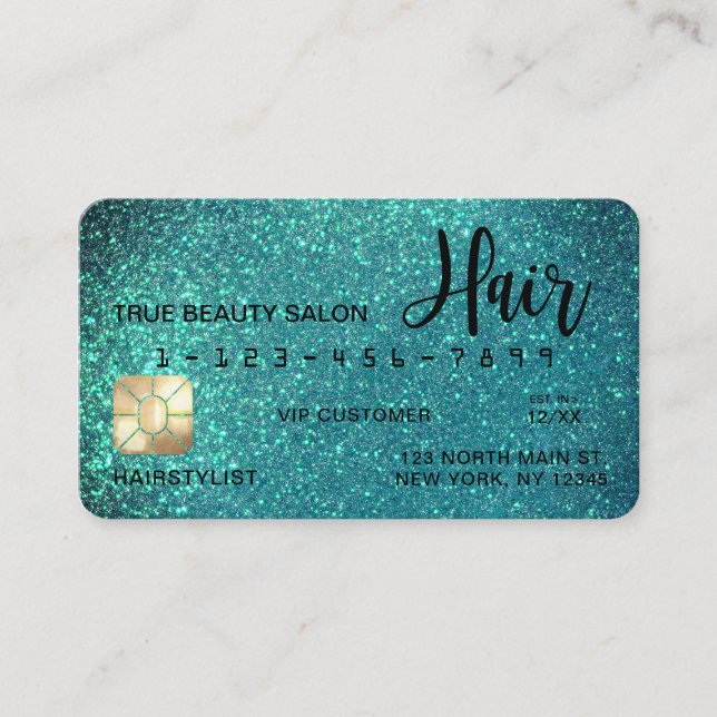 Glamous Sparkly Teal Glitter Kredit Card Hair Visitkort (Framsida)