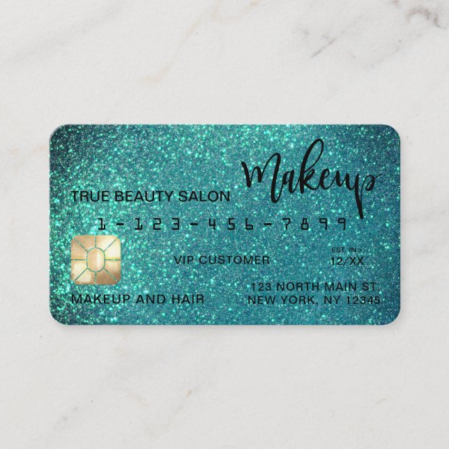 Glamous Sparkly Teal Glitter Kredit Card Makeup Visitkort (Framsida)