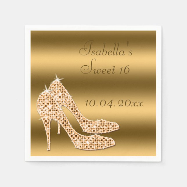 Glamous Sweet 16 Guld Stilettos Napkins Pappersservett (Framsidan)