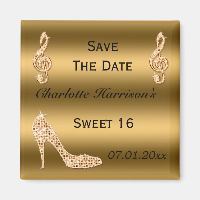Glamous Sweet 16 Save the Date Guld Stiletto Magnet (Framsidan)