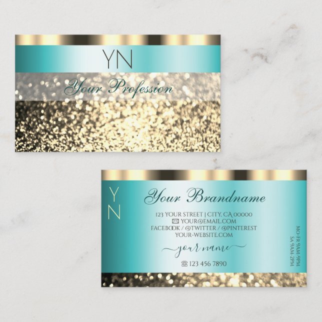 Glamous Teal and Guld mousserande Glitter Monogram Visitkort (Fram/baksida)