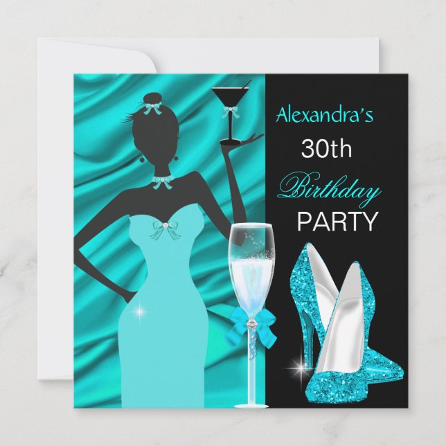 Glamous Teal Blue Party Girl Champagne Birthday Inbjudningar (Framsida)