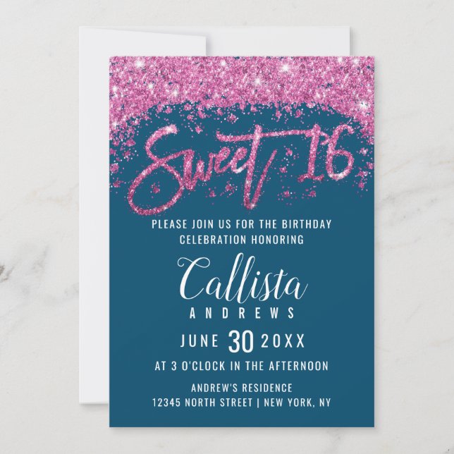 Glamous Teal Bright Rosa Glitter Dust Sweet 16 Inbjudningar (Framsida)