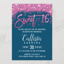 Glamous Teal Bright Rosa Glitter Dust Sweet 16 Inbjudningar