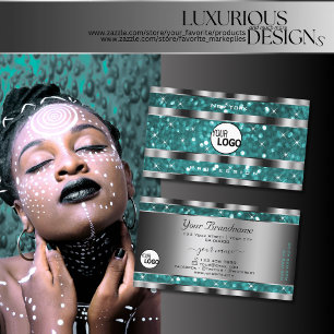 Glamous Teal Glitter Stars lägger till Logotyp Sil Visitkort