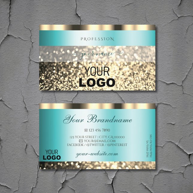 Glamous Teal Guld Sparkling Glitter med Logotyp Visitkort (Skapare uppladdad)