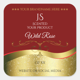 Glamous Vågigt Guld Decor Mörk Red Monogram-etiket Fyrkantigt Klistermärke