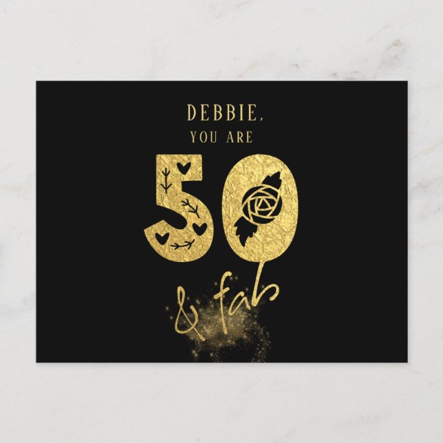 Glamous Virtuell Black and Guld 50 & Fab Birthday Inbjudan Vykort (Framsida)