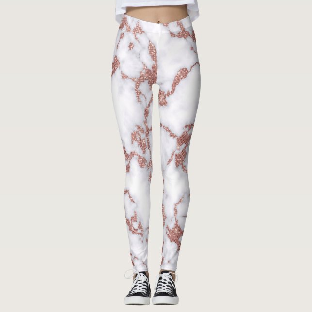 Glamous Vit ros Guld Glitter Marble Mönster Leggings (Framsida)