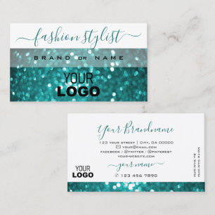Glamous White and Teal Gnistra Glitter med Logotyp Visitkort