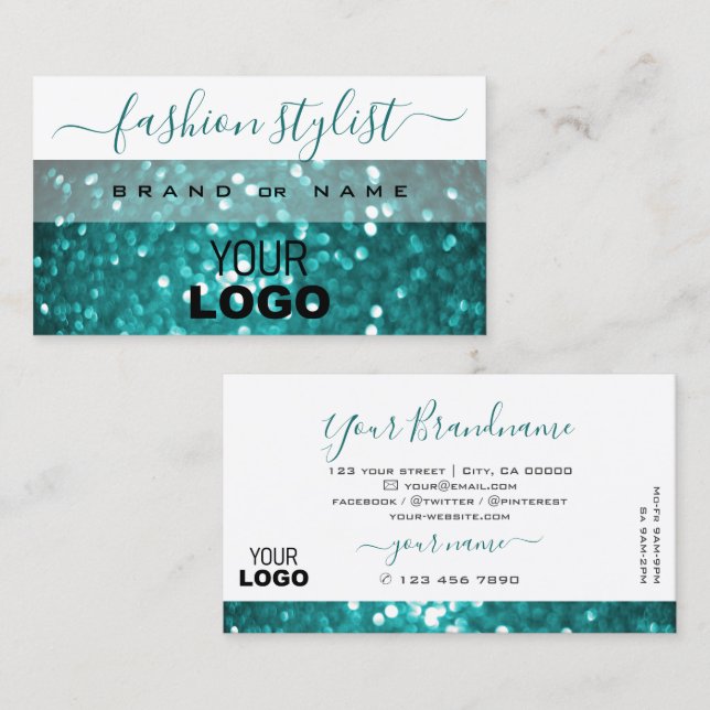 Glamous White and Teal Gnistra Glitter med Logotyp Visitkort (Fram/baksida)