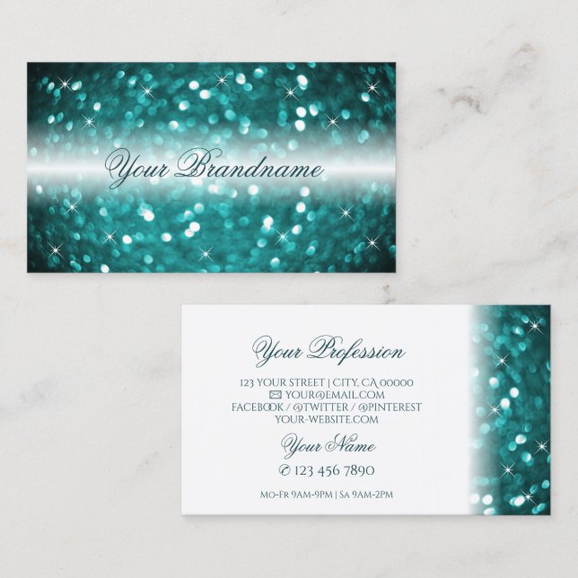 Glamous White and Teal Sparkling Glitter Snyggt Visitkort (Fram/baksida)